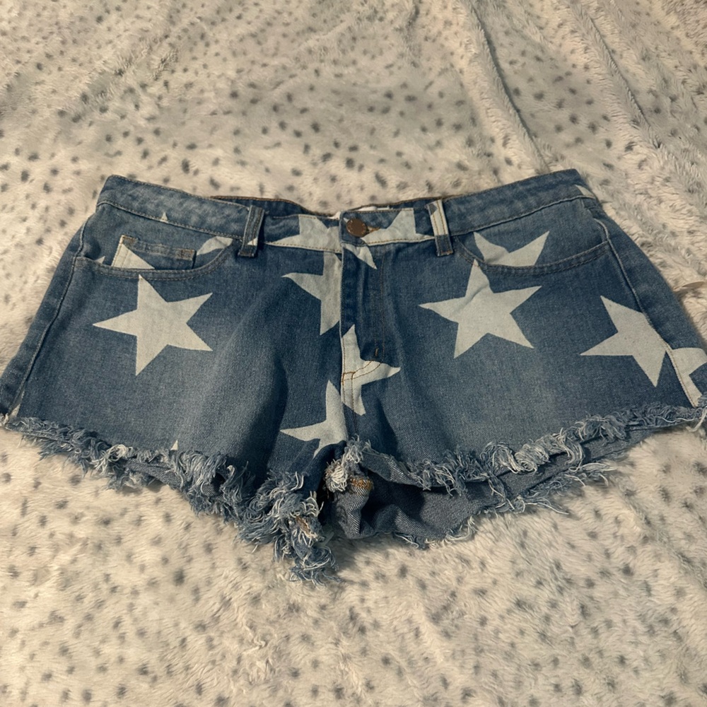 Star-Print Denim Cutoff Shorts - Blue